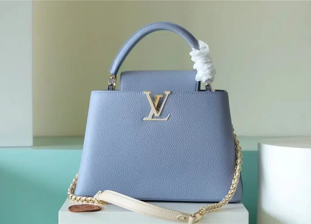 1:1 Replica Louis Vuitton LV Capucines MM Taurillon Light Blue/ Beige Luxury Bag For Women - 12.4in/31.5cm
