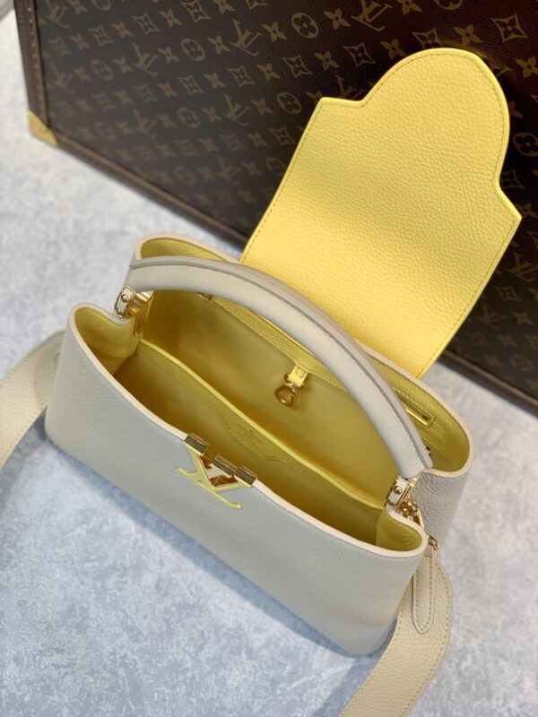 1:1 Replica Louis Vuitton LV Capucines MM Taurillon Creme Beige/ Plume Yellow Berlingot Luxury Bag For Women M59883 - 12.4in/31.5cm