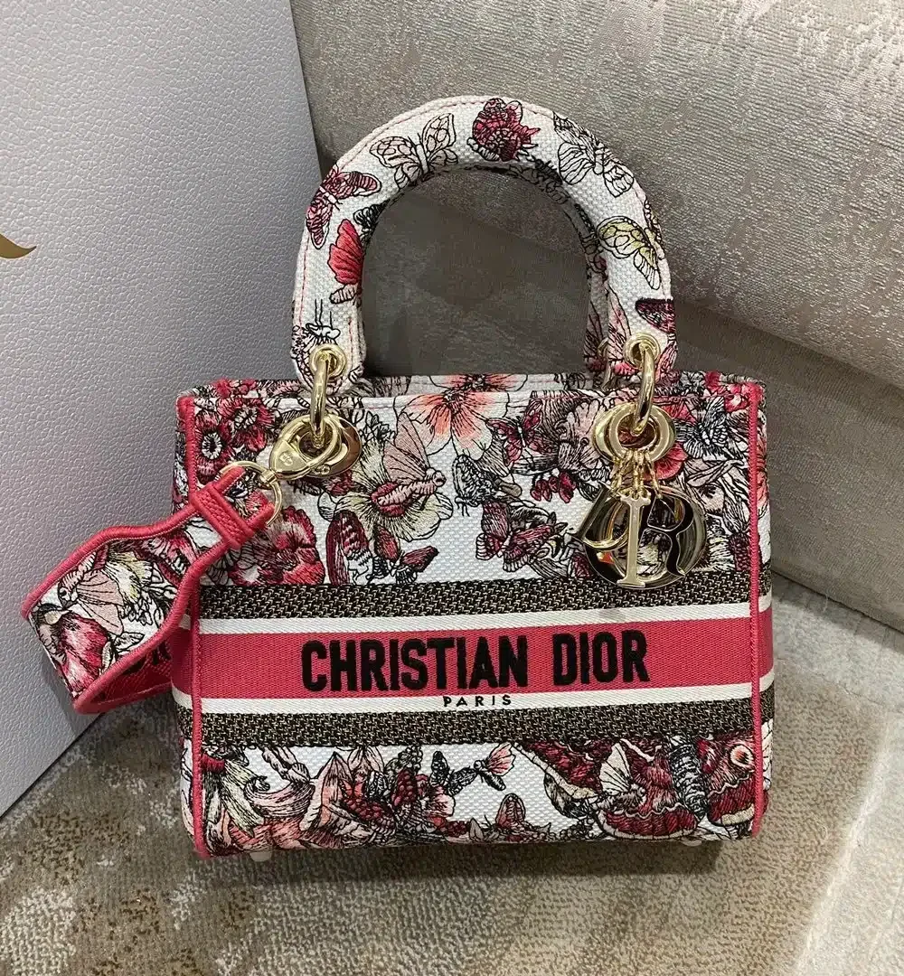 1:1 Replica Christian Dior Medium Lady D-Lite Bag Multicolor Butterfly Embroidery, Red/Latte, For Women Women's Handbags, 24cm CD M0565ORHQ_M884