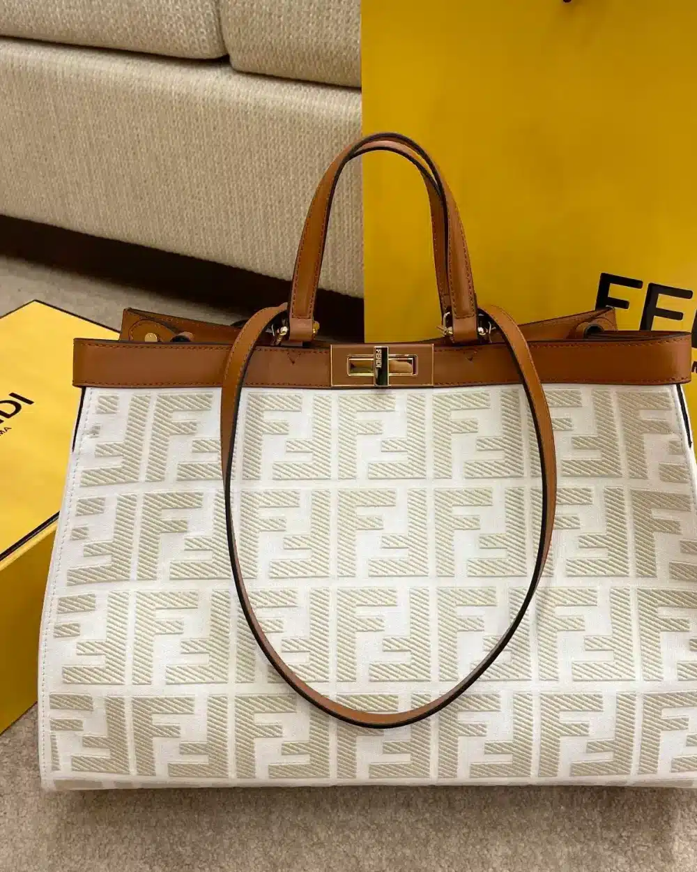1:1 Replica Fendi Peekaboo X-tote Bag White Canvas For Women, Women's Handbags, Shoulder Bags 16.1in/41cm FF 8BH374
