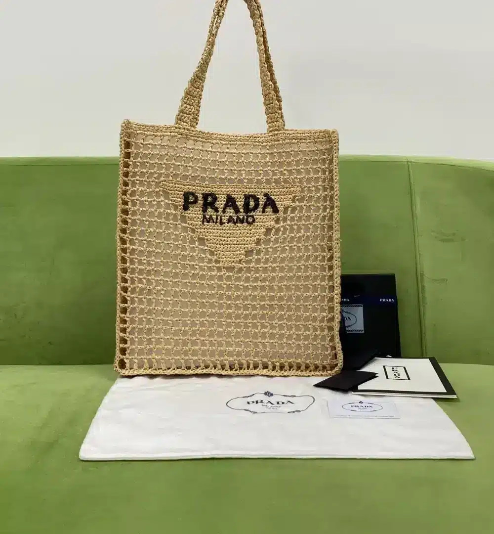 Prada Raffia Tote Bag Beige For Women, Women's Bags 14.9in/38cm