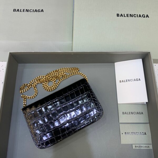 Balenciaga Croc Embossed Patent B Bag With Chain In Black, For Women, Women's Bags 7.9in/20cm