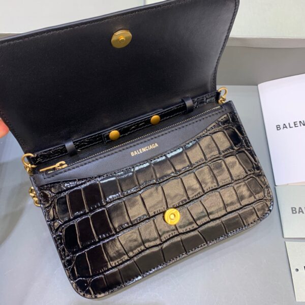 Balenciaga Croc Embossed Patent B Bag With Chain In Black, For Women, Women's Bags 7.9in/20cm