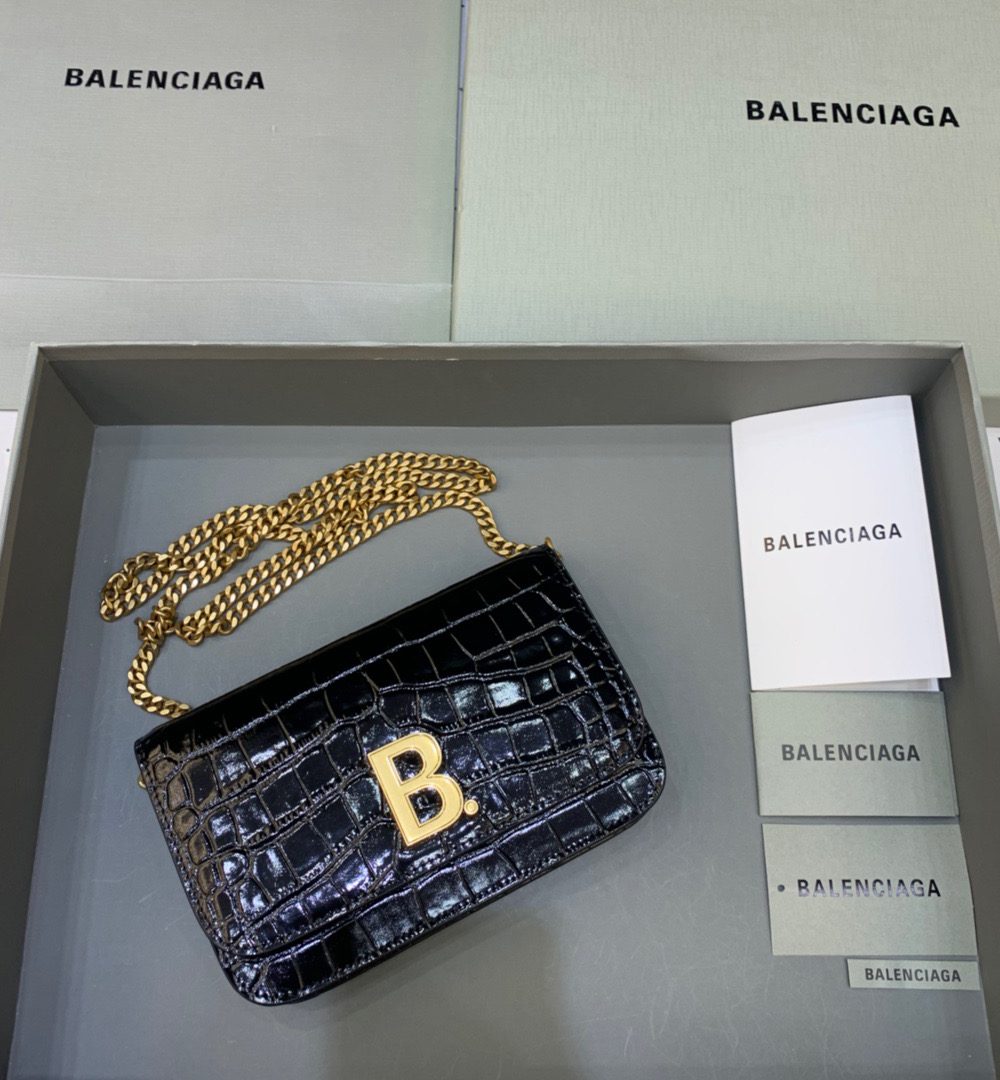 Balenciaga Croc Embossed Patent B Bag With Chain In Black, For Women, Women's Bags 7.9in/20cm
