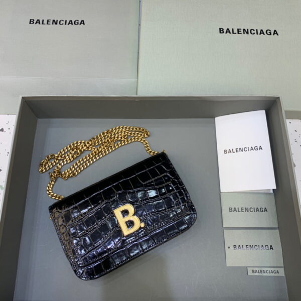 Balenciaga Croc Embossed Patent B Bag With Chain In Black, For Women, Women's Bags 7.9in/20cm