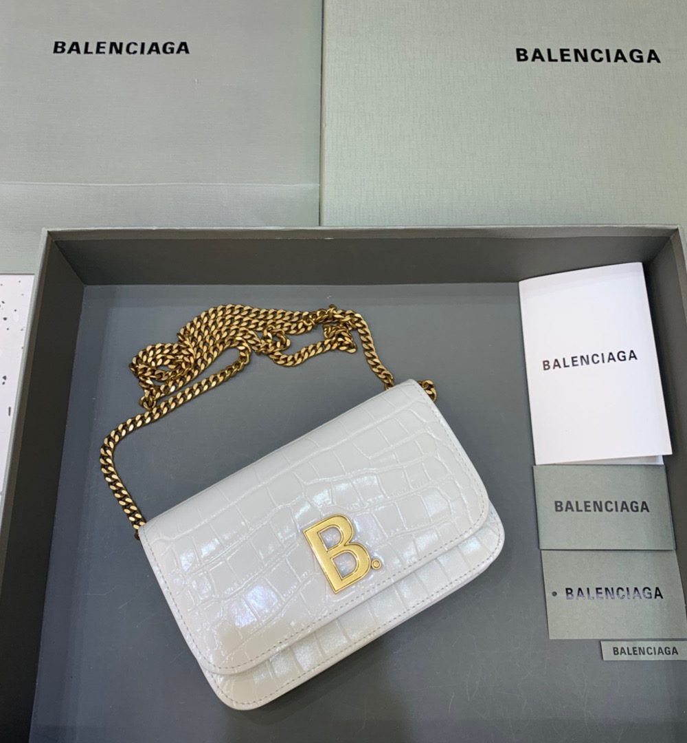 Balenciaga Croc Embossed Patent B Bag With Chain In White, For Women, Women's Bags 7.9in/20cm