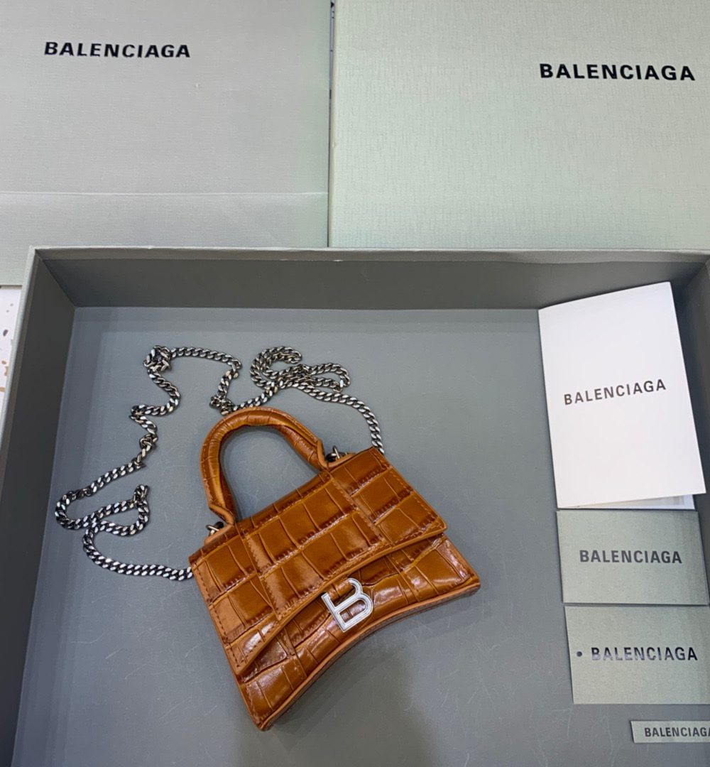 Balenciaga Hourglass Mini Handbag With Chain In Brown, For Women, Women's Bags 4.7in/12cm