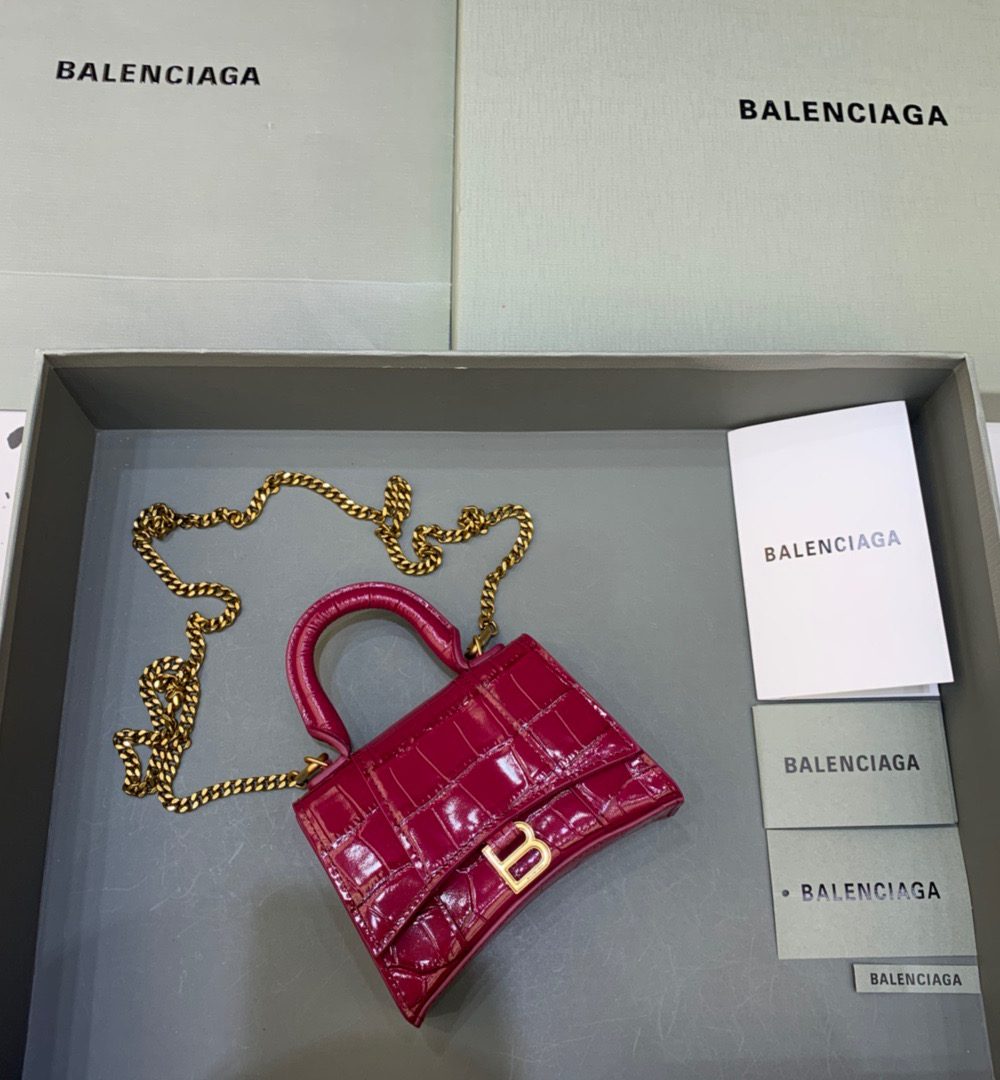 Balenciaga Hourglass Mini Handbag With Chain In Dark Red, For Women, Women's Bags 4.7in/12cm