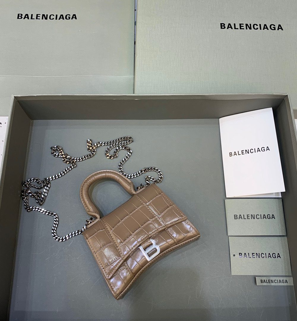 Balenciaga Hourglass Mini Handbag With Chain In Earth Brown, For Women, Women's Bags 4.7in/12cm