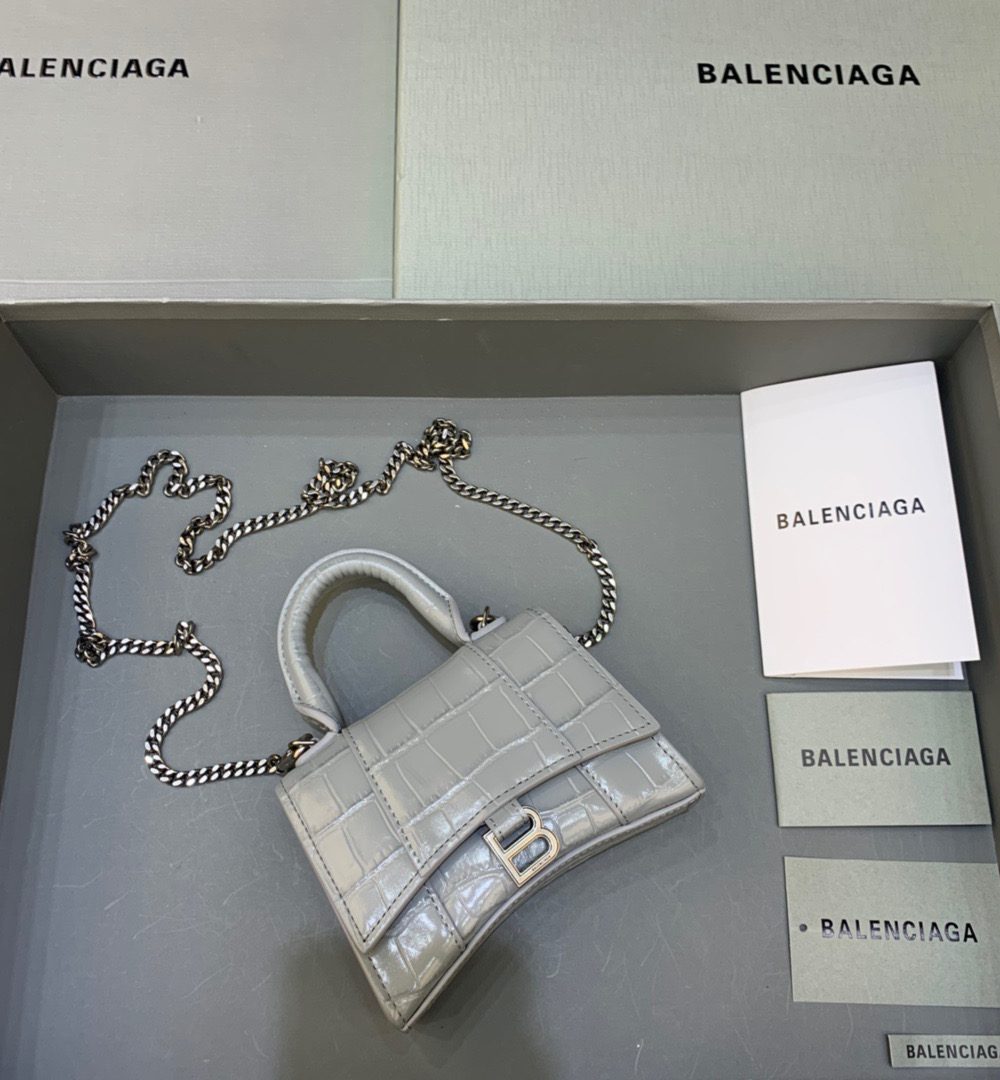 Balenciaga Hourglass Mini Handbag With Chain In Grey, For Women, Women's Bags 4.7in/12cm