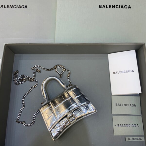 Balenciaga Hourglass Mini Handbag With Chain In Sliver, For Women, Women's Bags 4.7in/12cm