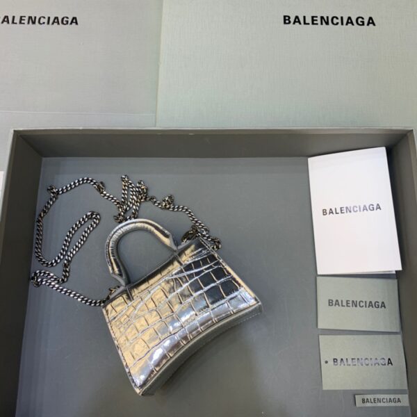 Balenciaga Hourglass Mini Handbag With Chain In Sliver, For Women, Women's Bags 4.7in/12cm