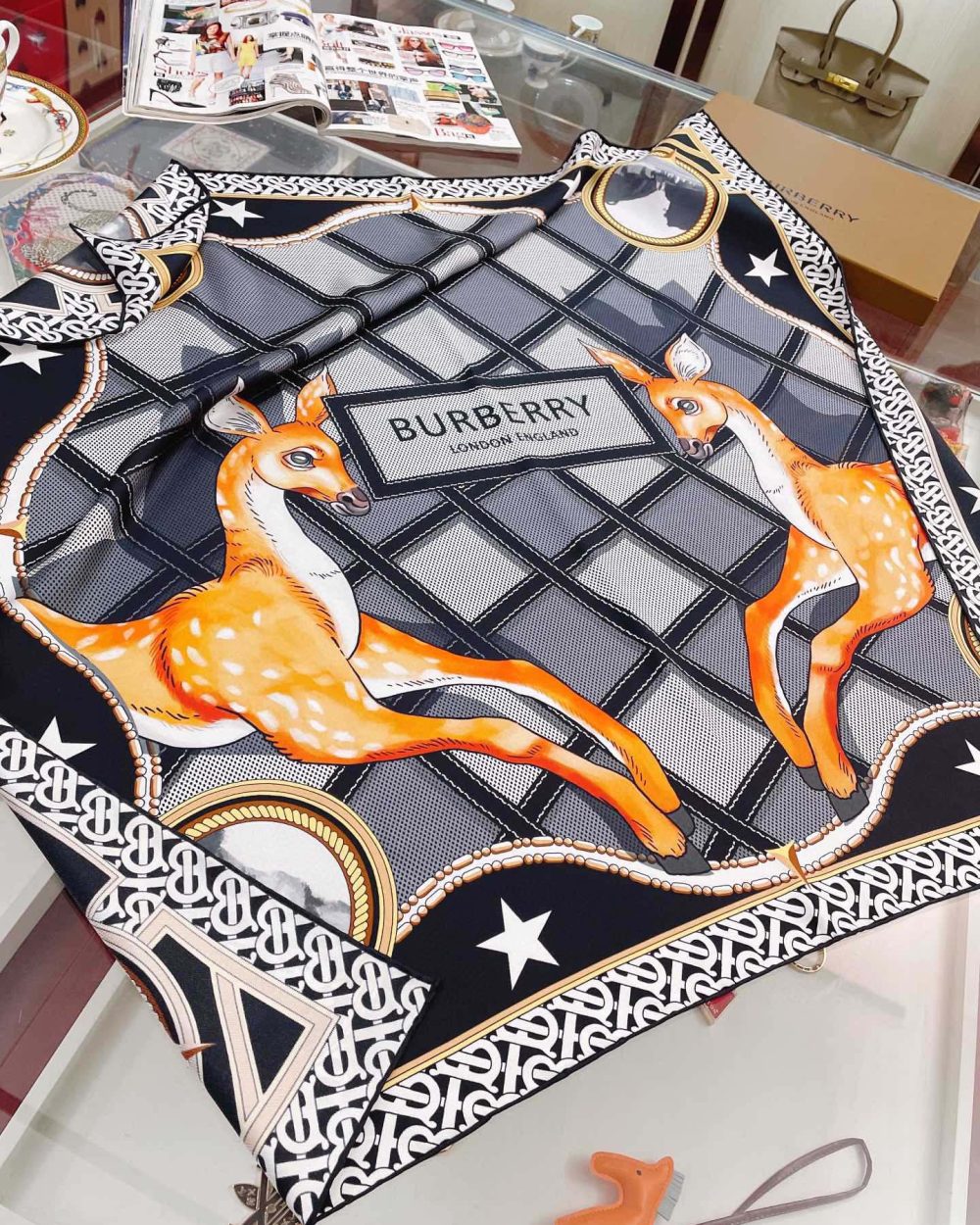 Burberry Deer Print Black Square Scarf 90cm/35in