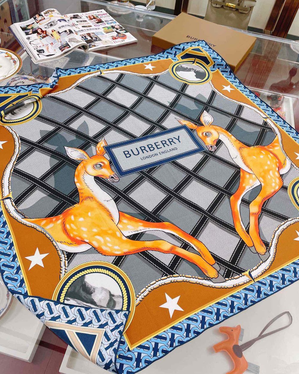 Burberry Deer Print Blue Square Scarf 90cm/35in