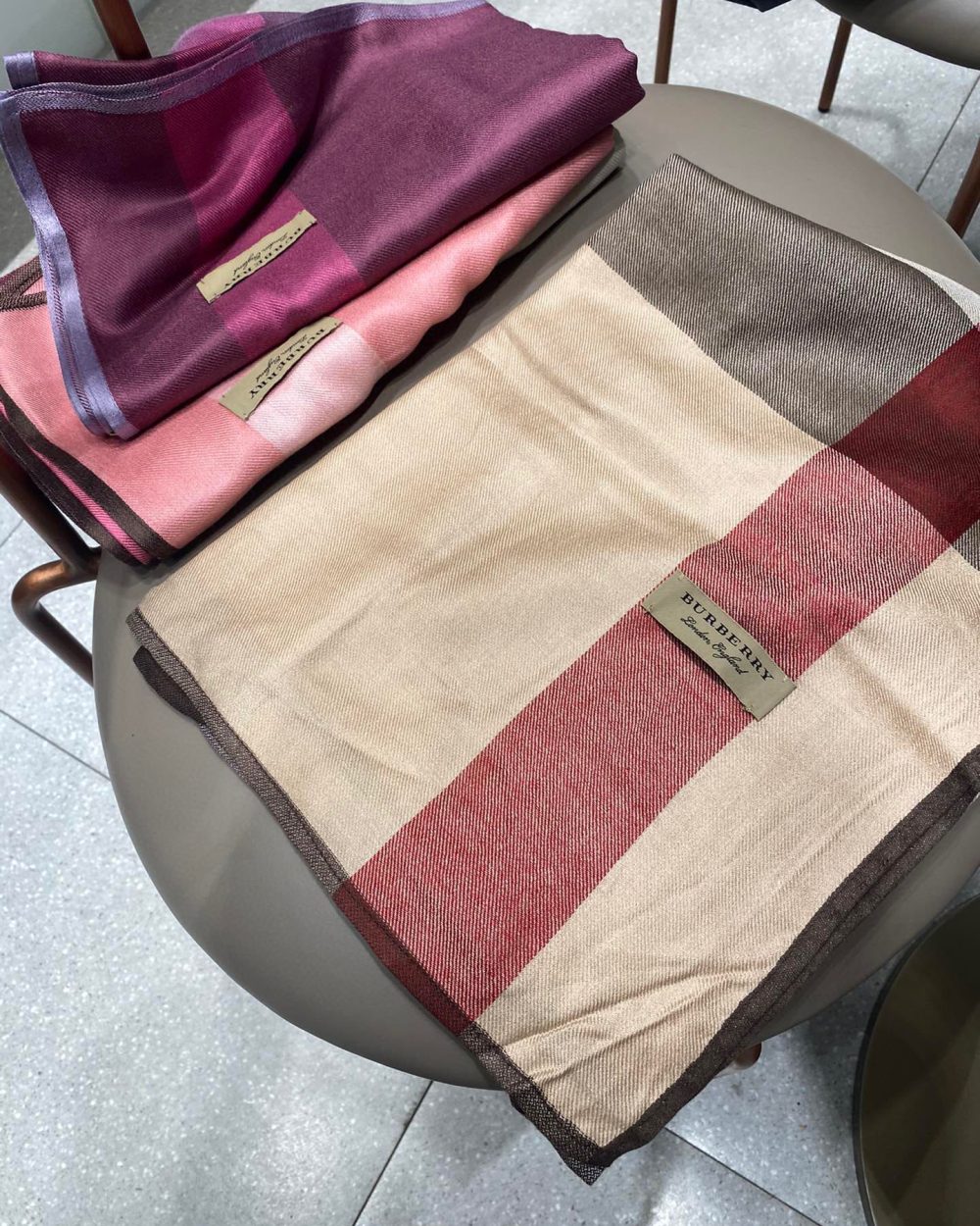 Burberry Lightweight Check Wool Silk Scarf Brown/Red/Grey 79in/200cm 