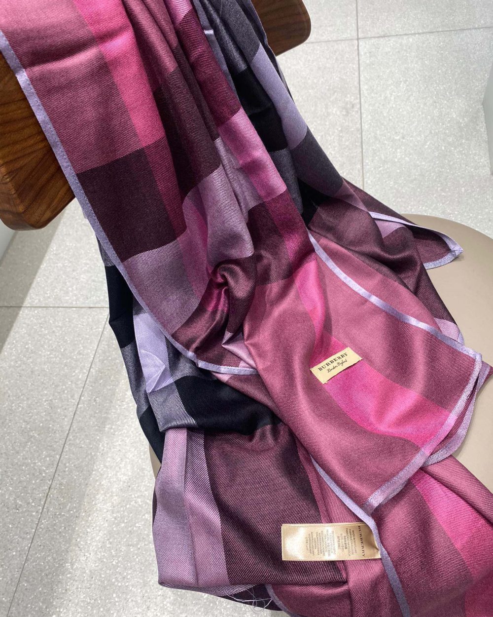 Burberry Lightweight Check Wool Silk Scarf Purple/Pink/Grey 79in/200cm 