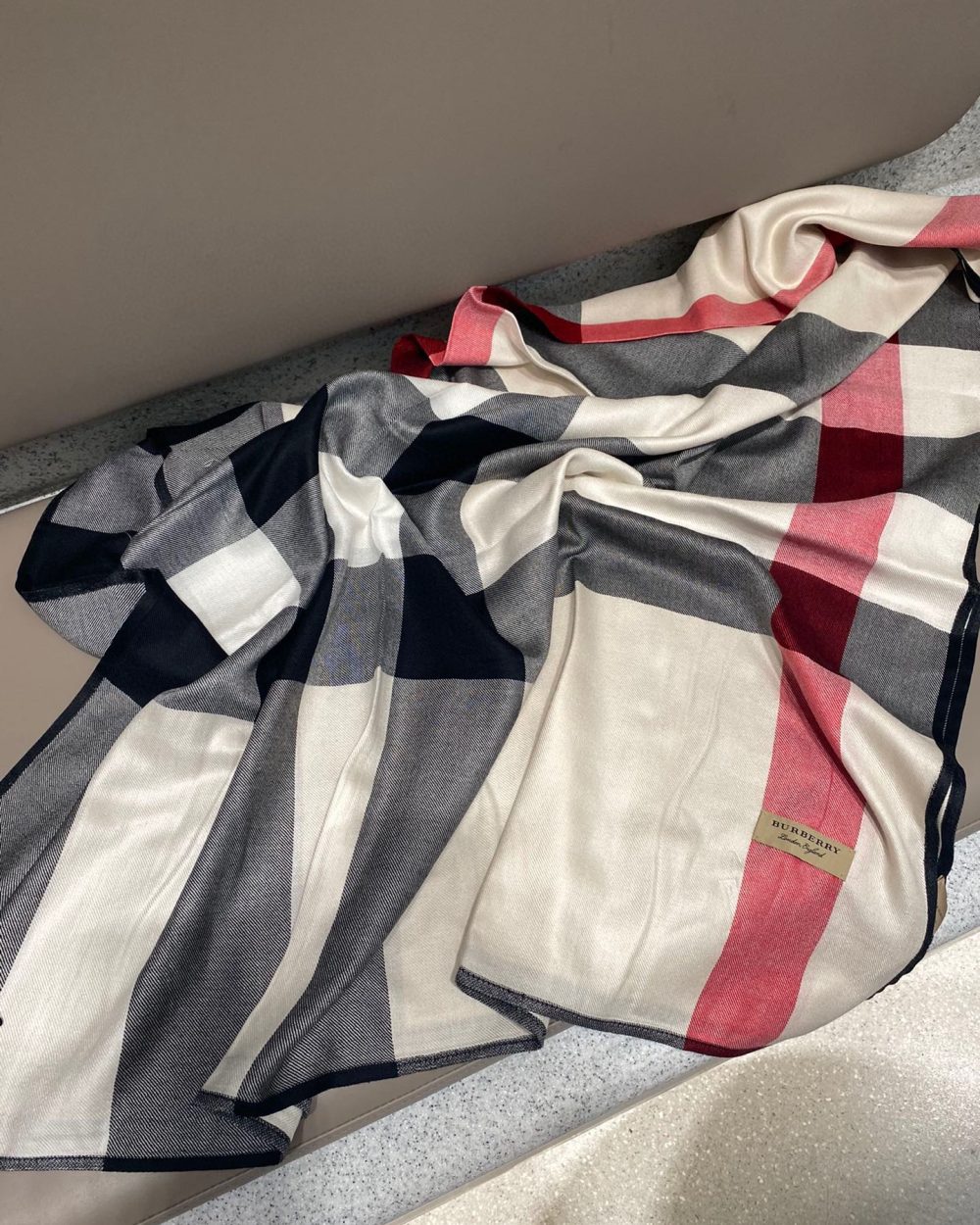 Burberry Lightweight Check Wool Silk Scarf White/Red/Grey 79in/200cm 