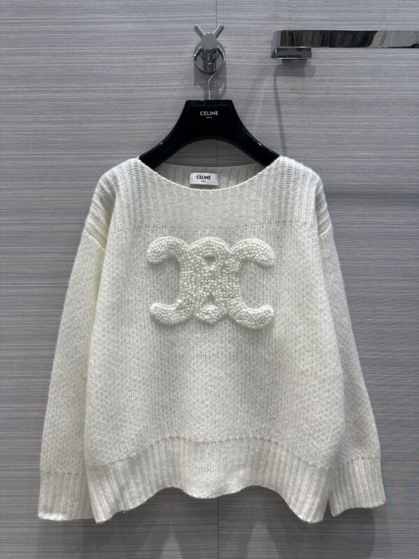 Celine Boat Neck Triomphe Sweater White For Women