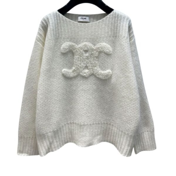 Celine Boat Neck Triomphe Sweater White For Women