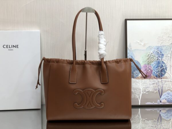 1:1 Replica Celine Cabas Drawstring Cuir Triomphe Brown For Women 44cm / 17in 199973DU3.04LU