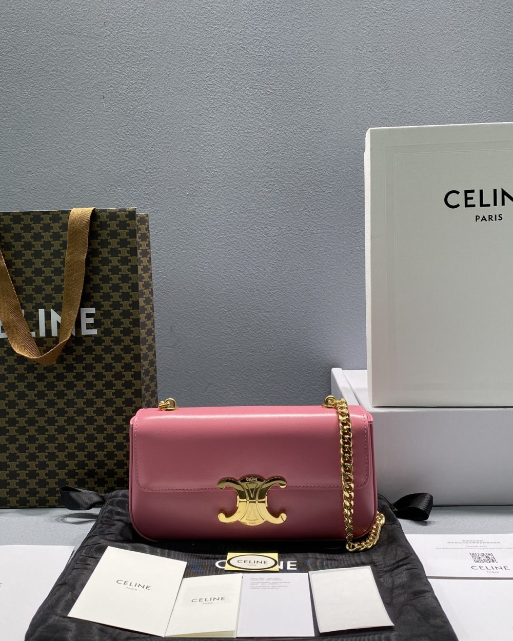 1:1 Replica Celine Chain Shoulder Bag Triomphe Pink For Women 8in/20.5cm