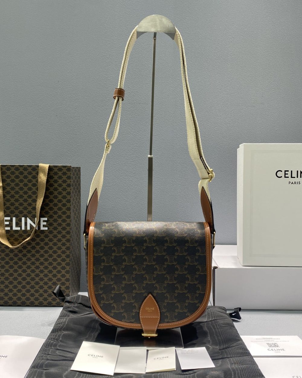 1:1 Replica Celine Large Strap Folco Bag In Triomphe Canvas Brown For Women 9in/22cm 196932BZJ.04LU