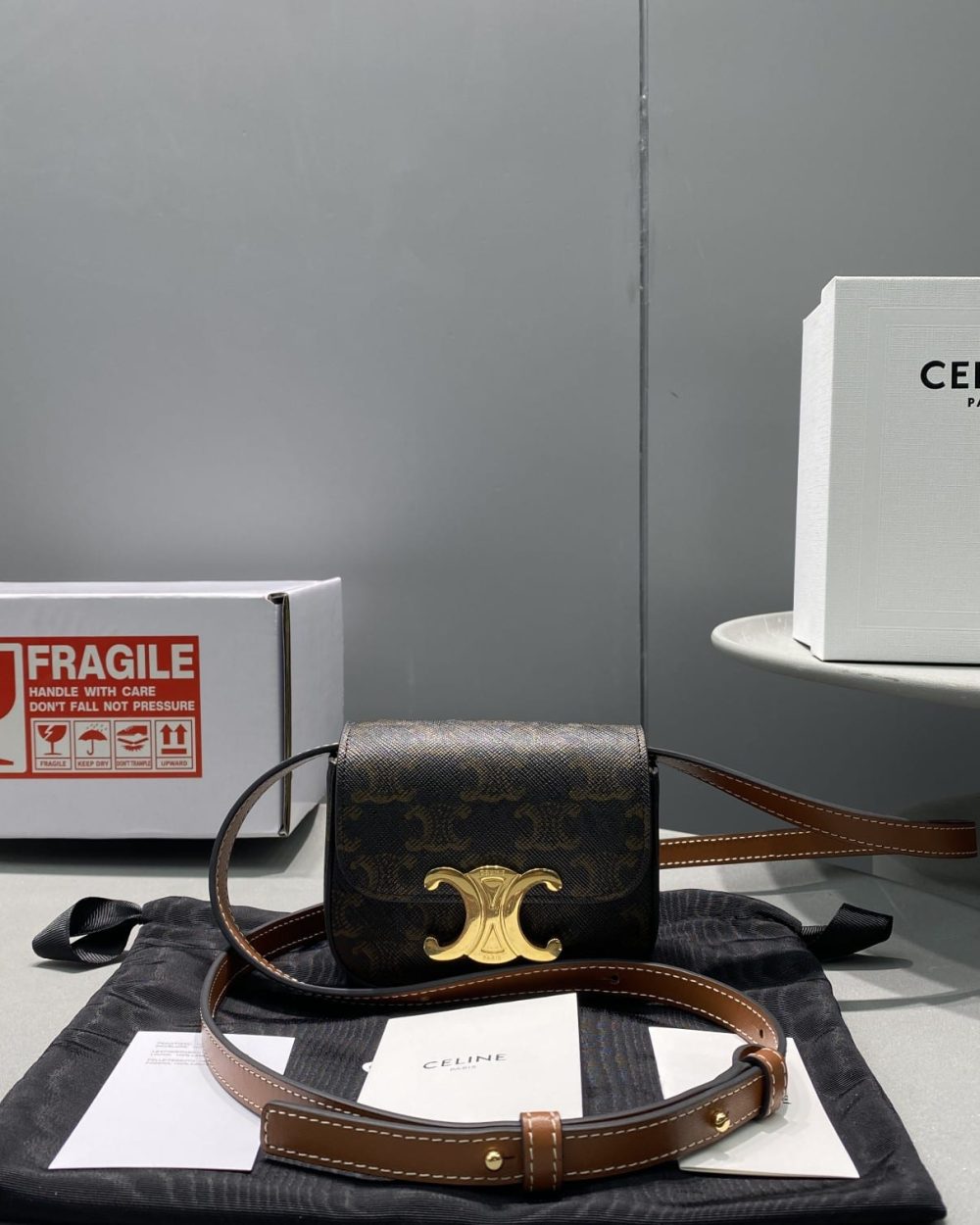 1:1 Replica Celine Mini Triomphe In Triomphe Canvas Tan For Women 4in/11cm 10I512DQB.04LU