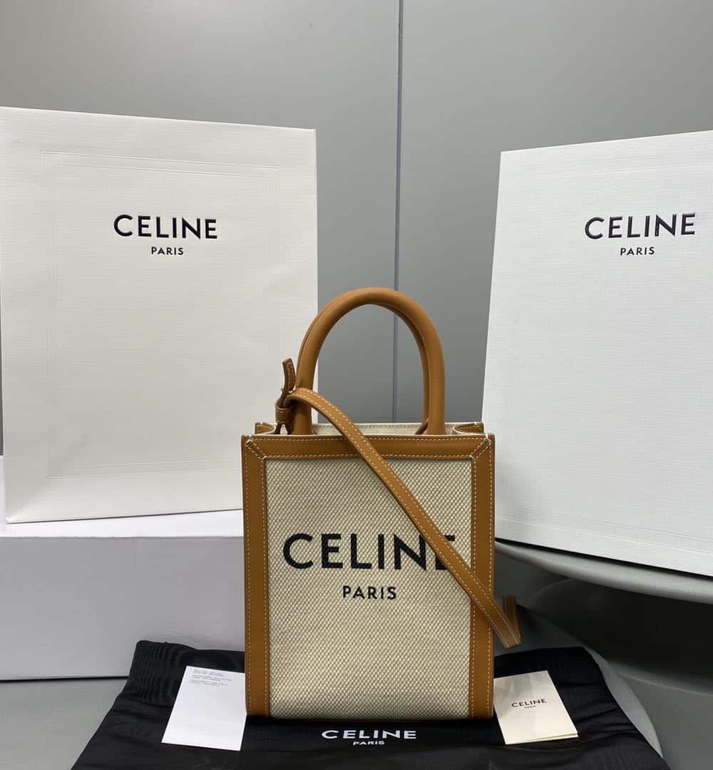 1:1 Replica Celine Mini Vertical Cabas Celine In Textile With Celine Print White/Brown For Women 8in/20cm 193302BNZ.02NT