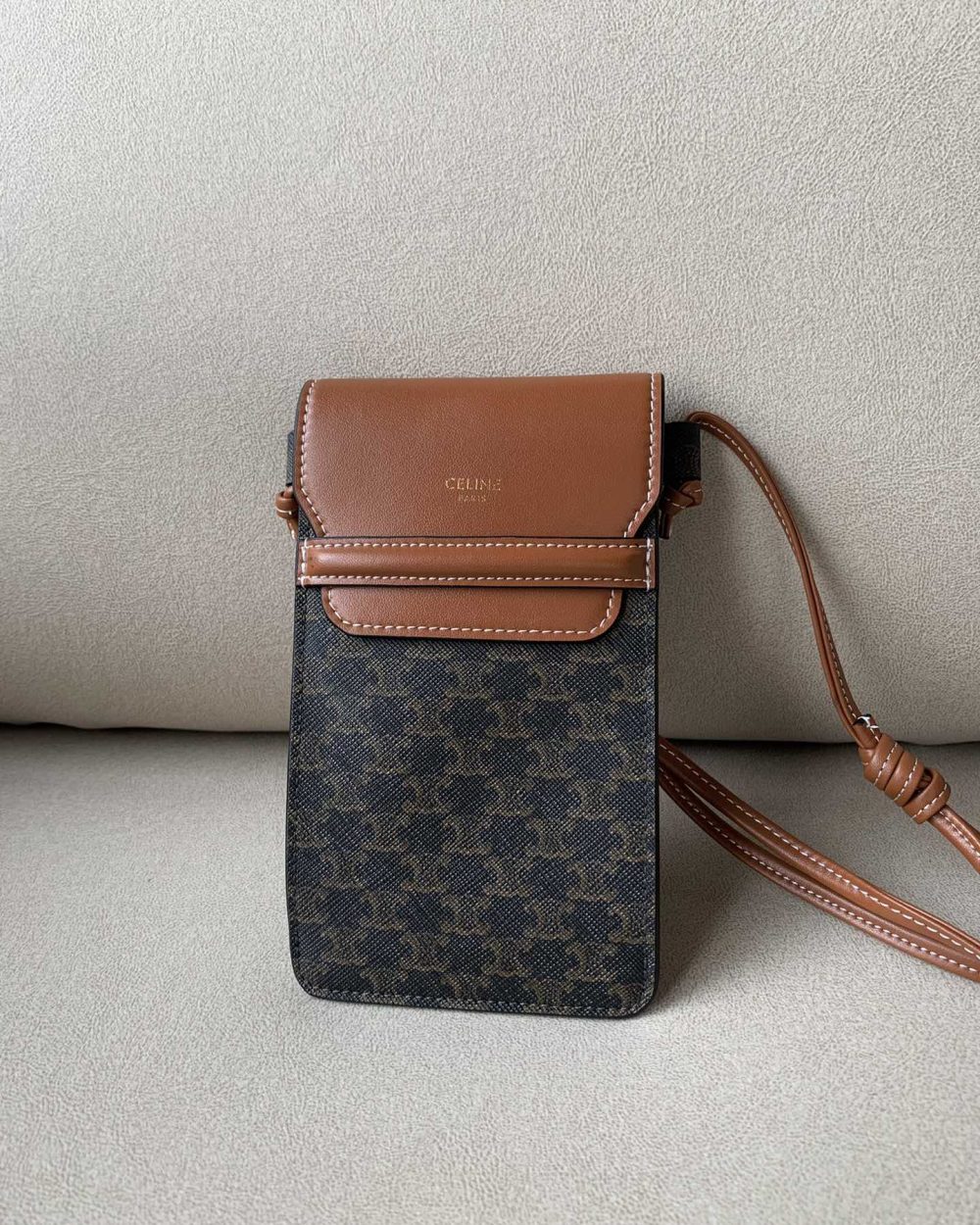 1:1 Replica Celine Phone Pouch With Flap In Triomphe Canvas And Lambskin Tan For Women 7in/18cm 10G332CQD.04LU