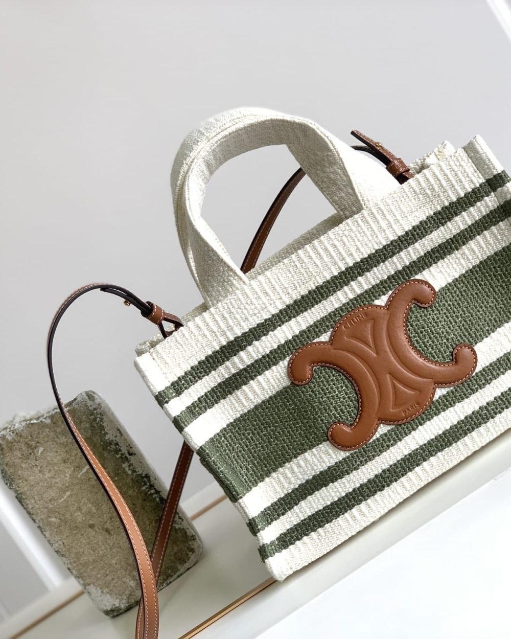 1:1 Replica Celine Striped Small Triomphe Cabas Thais Nature Green For Women 11.4in/29cm