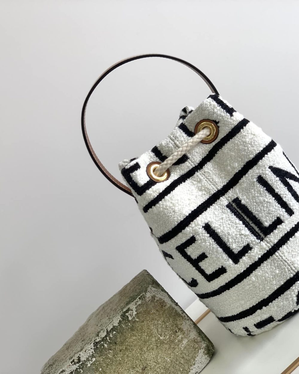1:1 Replica Celine Teen Drawstring In Textile With Celine All-Over White/Black For Women 7in/19cm