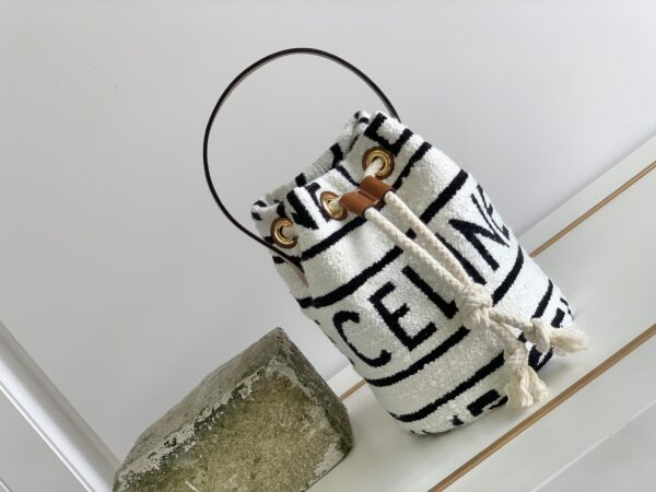 1:1 Replica Celine Teen Drawstring In Textile With Celine All-Over White/Black For Women 7in/19cm