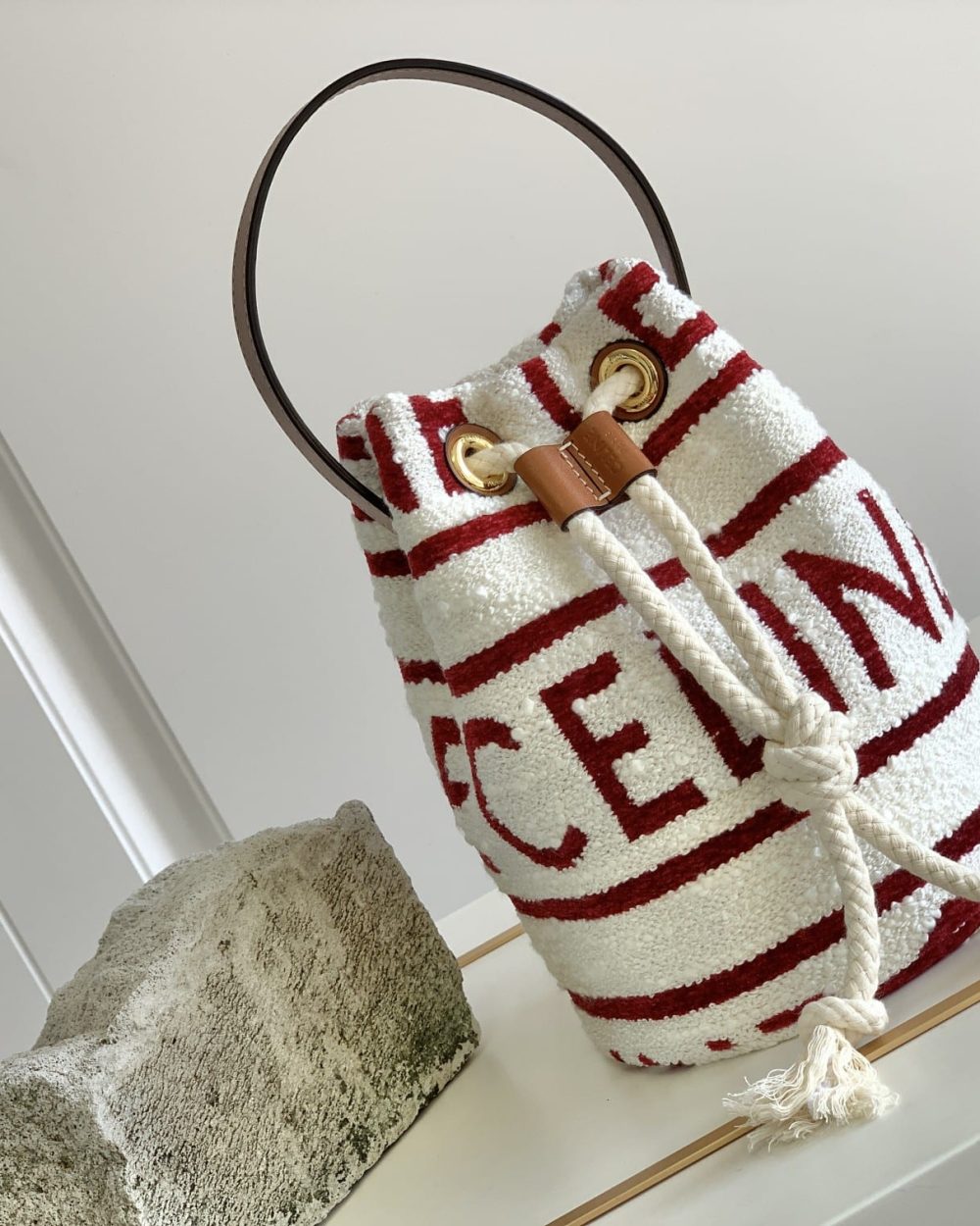 1:1 Replica Celine Teen Drawstring In Textile With Celine All-Over White/Red For Women 7in/19cm