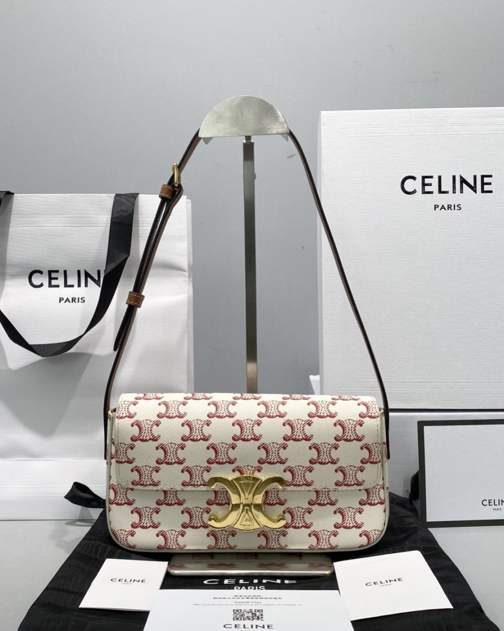 1:1 Replica Celine Triomphe Shoulder Bag In Triomphe Canvas Red For Women 8in/20cm 194142CUZ.27ED