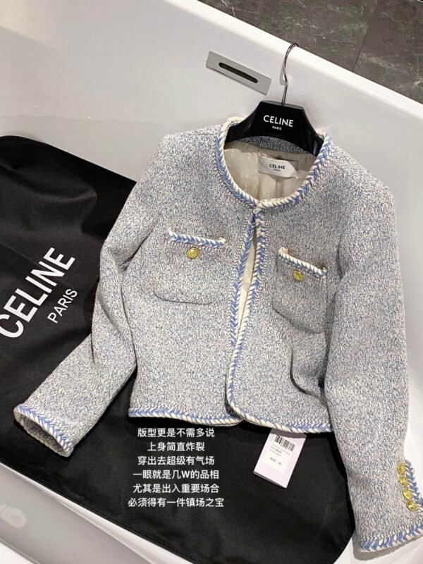 Celine Tweed Button Pockets O-Neck Woven Jacket Blue For Women