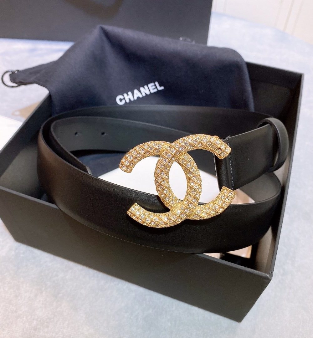 1:1 Replica Chanel Belt With Beaded Buckle Black Gold-Toned Metal and Strass Women Belt