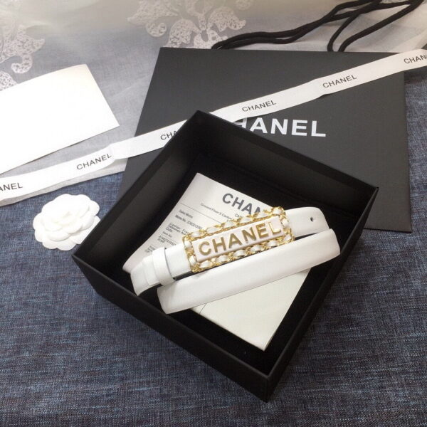 1:1 Replica Chanel Belt With Chanel Signature White with Gold-Toned Metal Hardware Women Belt