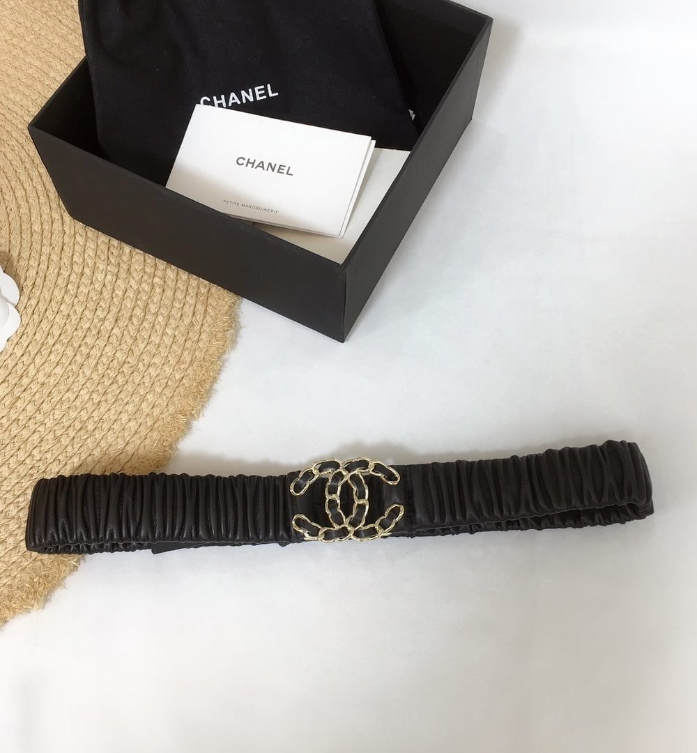 1:1 Replica Chanel Belt With Double C Buckle Black Gold-Tone Metal and Strass Women Belt