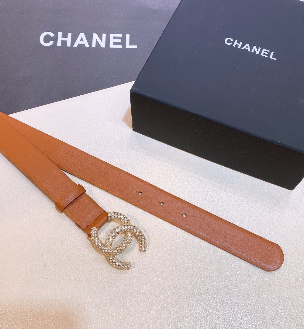 1:1 Replica Chanel Brown Belt With Double C Buckle Gold-Toned and Strass Metal Women Belt