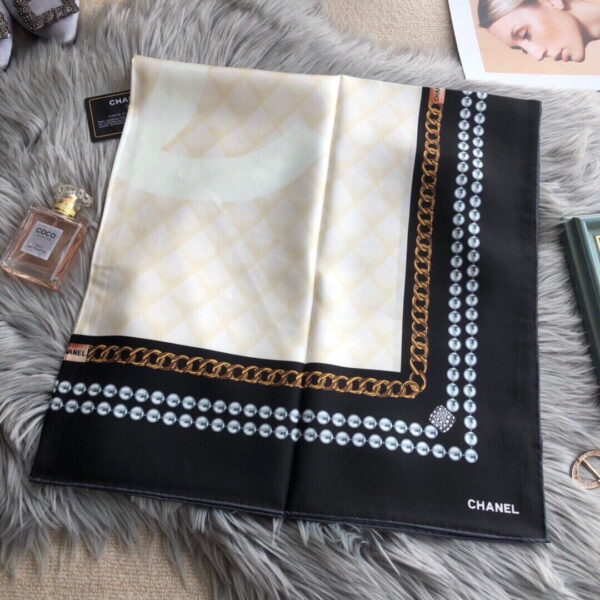 Chanel CC Pattern in Beige Black Border Square Scarf 110cm/43in