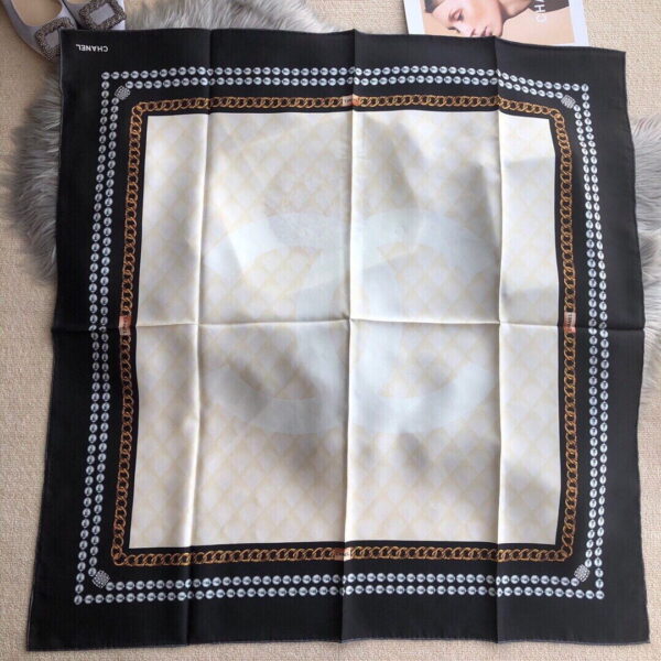 Chanel CC Pattern in Beige Black Border Square Scarf 110cm/43in