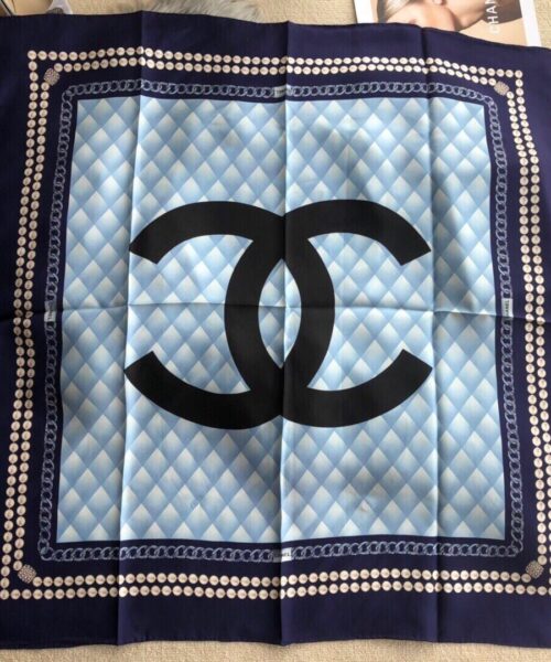 Chanel CC Pattern in Blue Black Border Square Scarf 110cm/43in
