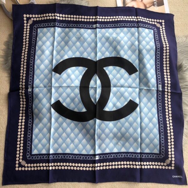 Chanel CC Pattern in Blue Black Border Square Scarf 110cm/43in