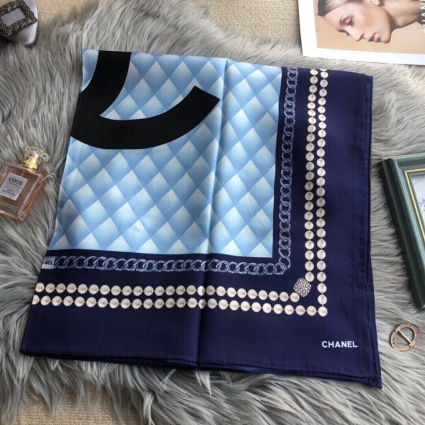 Chanel CC Pattern in Blue Black Border Square Scarf 110cm/43in