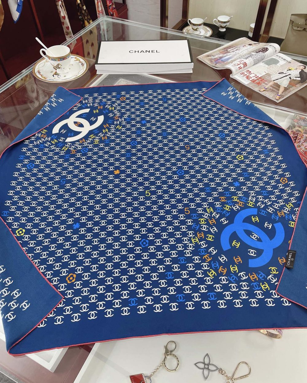 Chanel CC Pattern in Blue Square Scarf 90cm/35in