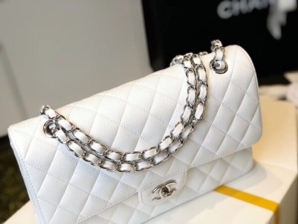 [REP 1:1] Chanel Classic Medium Flapbag Silver Hardware White 10in/25.5cm