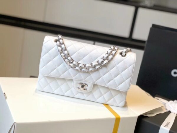 [REP 1:1] Chanel Classic Medium Flapbag Silver Hardware White 10in/25.5cm
