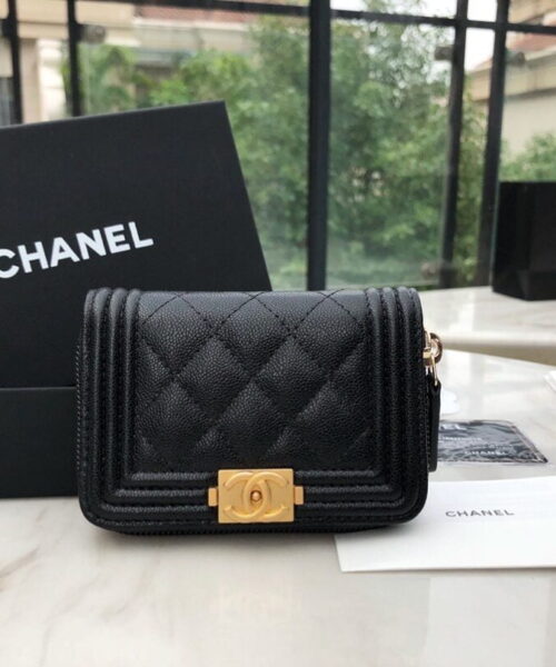 1:1 Replica Chanel CO-CO Boy Chanel Zipped Coin Purse 11cm/4.3in Gold Toned Hardware For Women Black