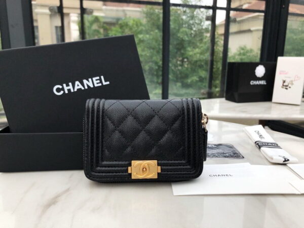 1:1 Replica Chanel CO-CO Boy Chanel Zipped Coin Purse 11cm/4.3in Gold Toned Hardware For Women Black