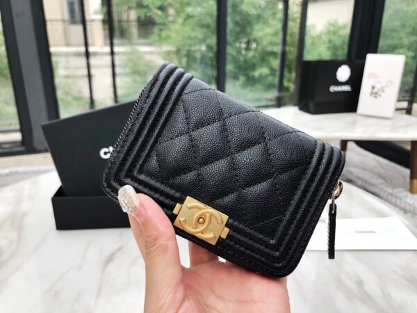 1:1 Replica Chanel CO-CO Boy Chanel Zipped Coin Purse 11cm/4.3in Gold Toned Hardware For Women Black